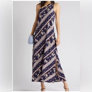 Chelsea 28 Maxi one shoulder dress size 2X with split blue orchids